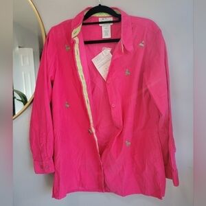 The Quacker Factory NWT QVC pink Small Christmas tree button up women